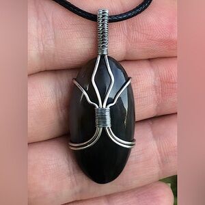 Wire Wrapped Black-Brown Onyx Pendant Necklace Handmade OOAK